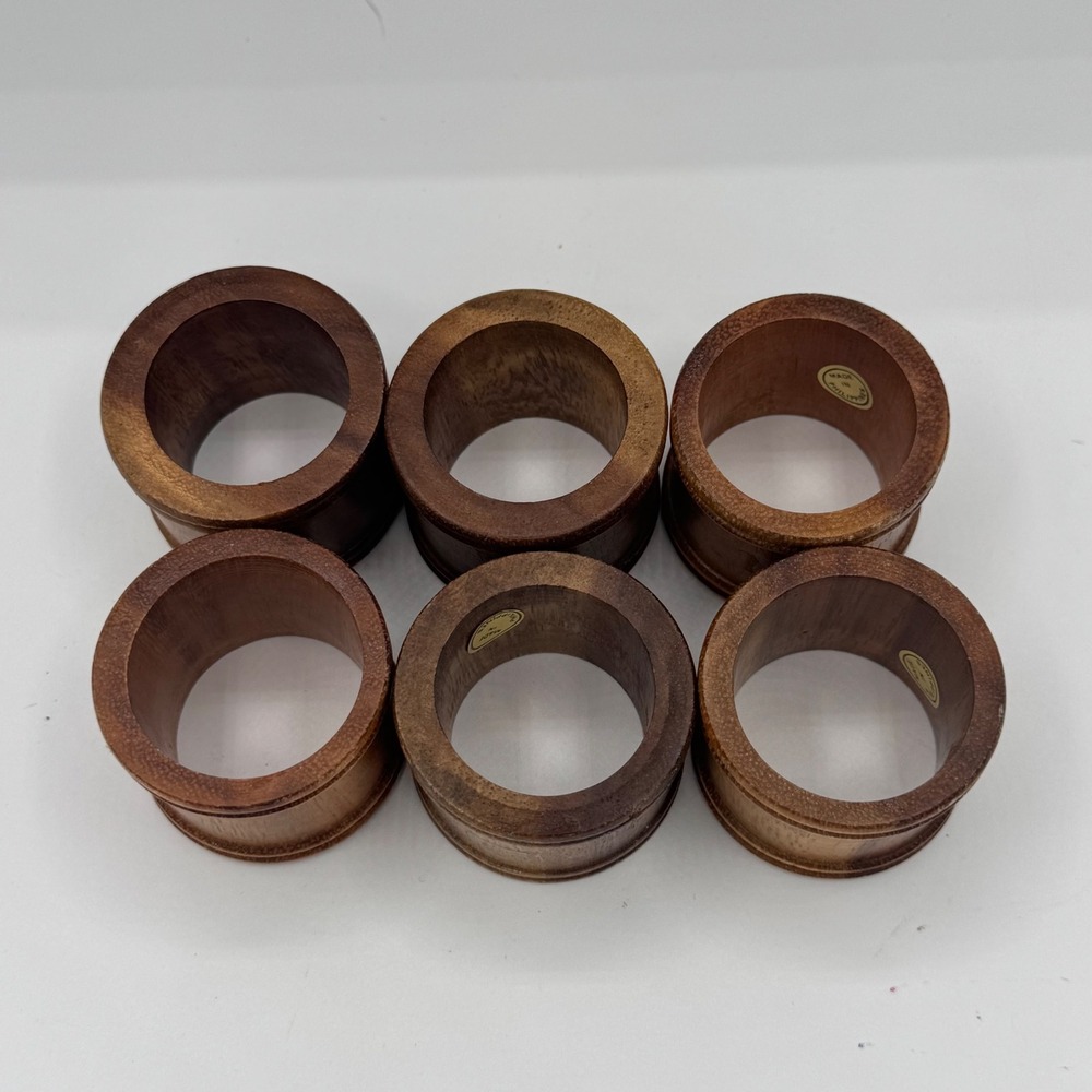 Vintage Wood Napkin Rings Set of 6 Brown Barrel Style Handmade Philippines
